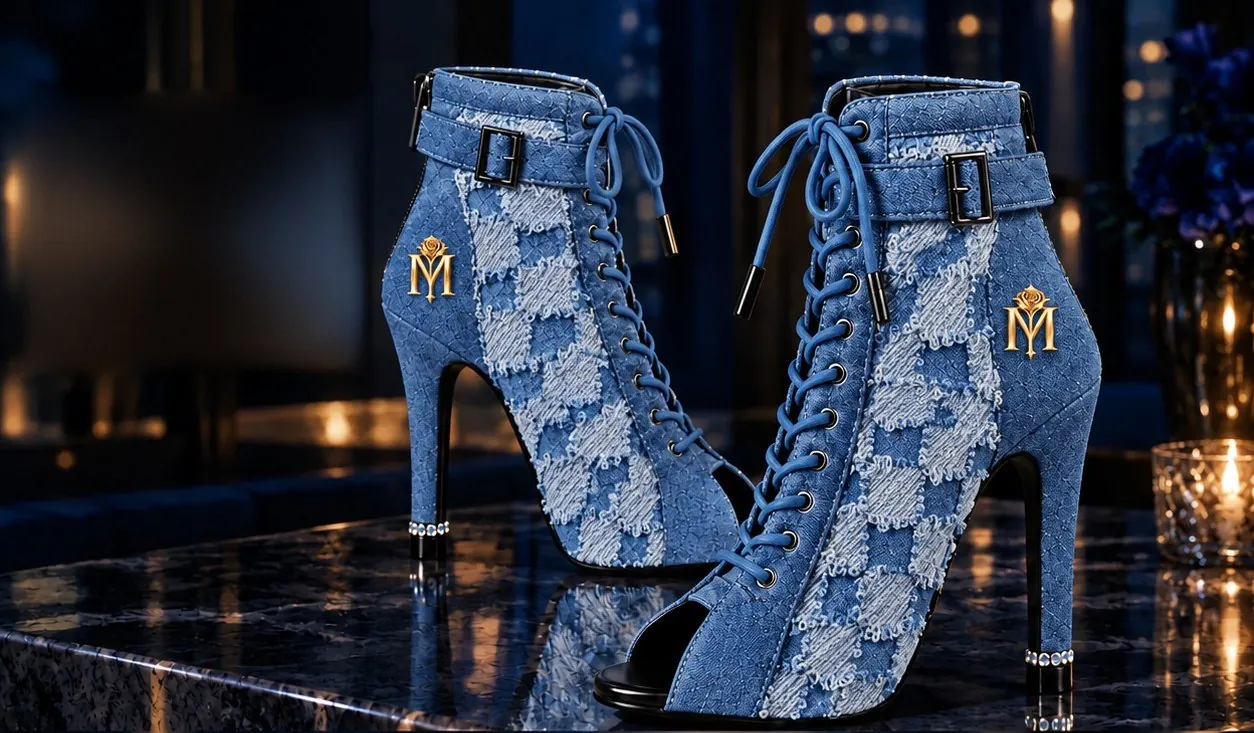 Denim Graphic Boots, pair on marble