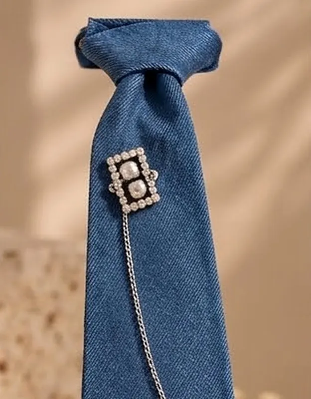 Denim necktie with crystal brooch and chain