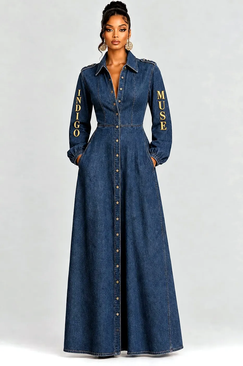 Denim Maxi Million Dress with Indigo Muse lettering on the sleeves
