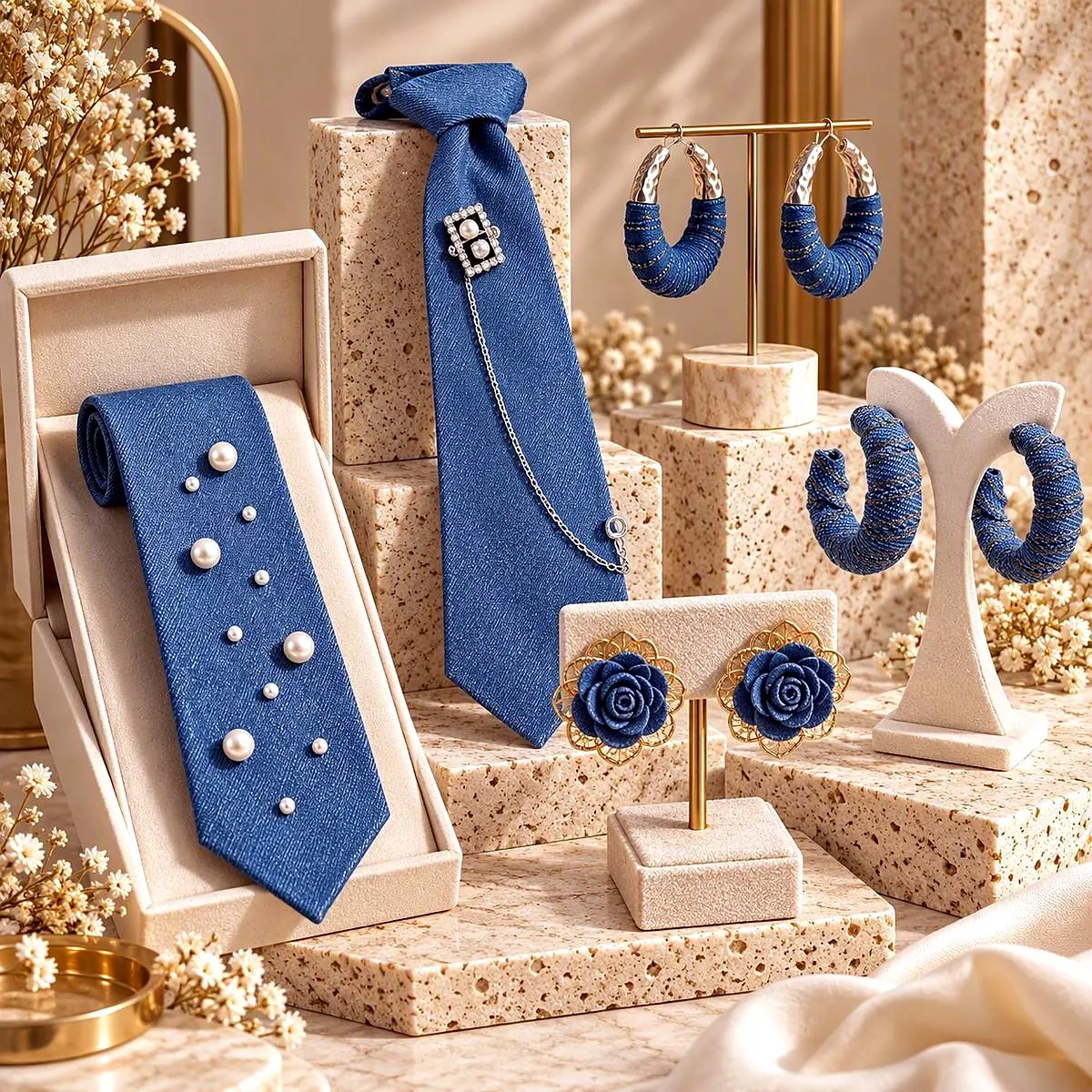 Indigo Muse denim accessories: hoop earrings, rose earrings, and a denim necktie with pearl and crystal detailing