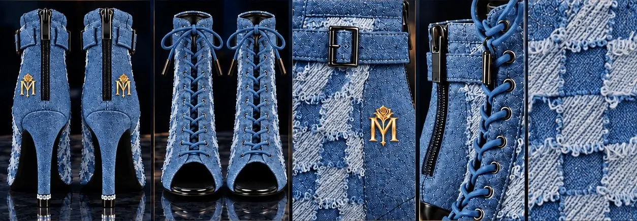 Denim Graphic Boots back, front and texture details