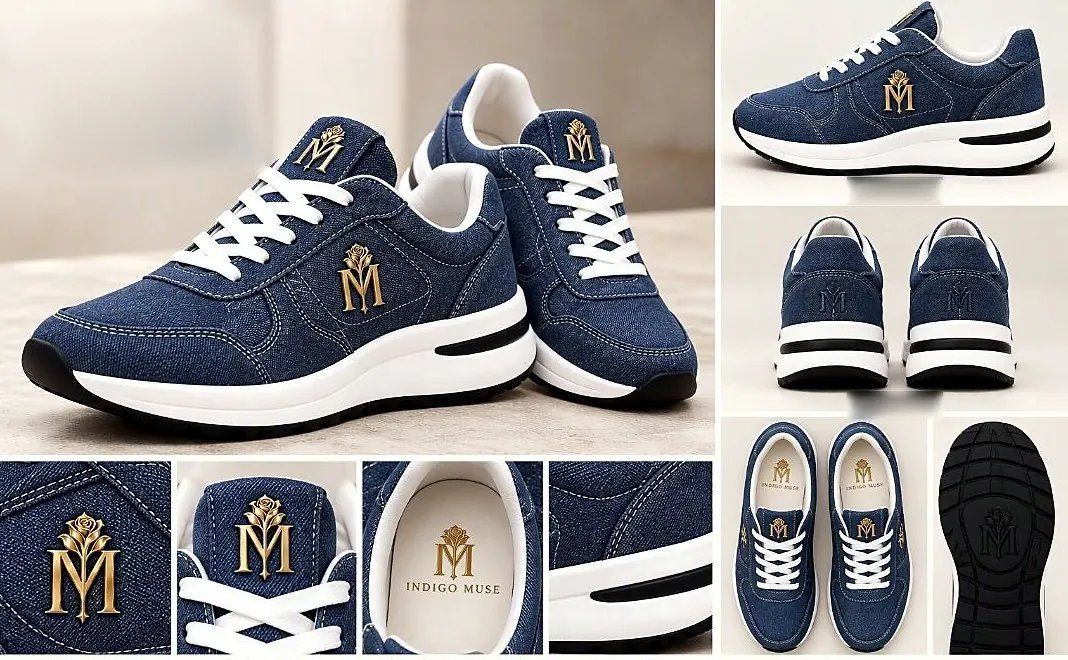 Denim sneakers in two colors with sole and detail views