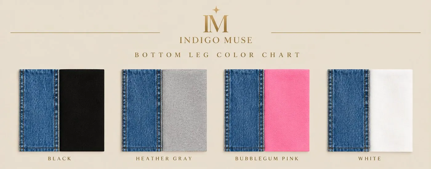 Indigo Muse bottom leg color chart: Black, Heather Gray, Bubblegum Pink and White