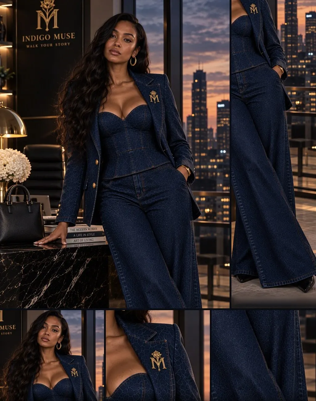 Denim Nights front, wide-leg, lapel and fabric details