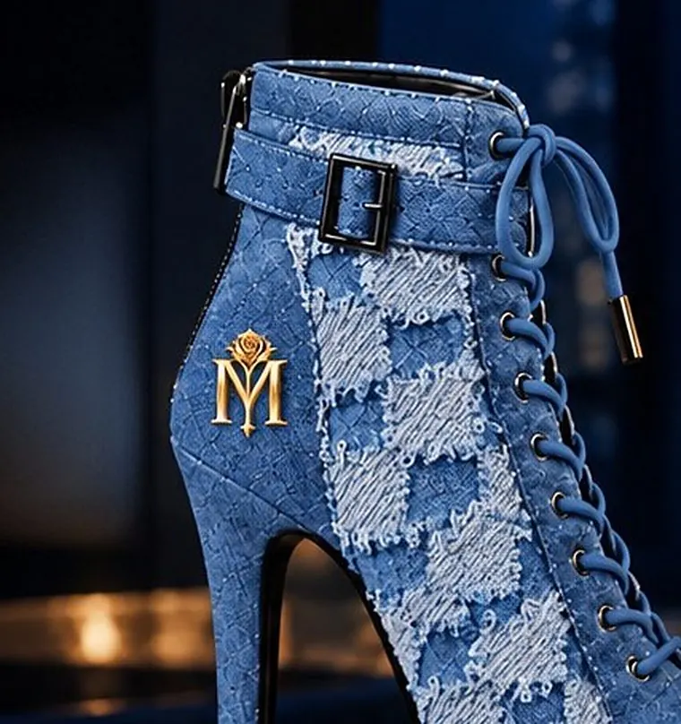Close-up of the Denim Graphic Boot distressed checker pattern, buckle and gold monogram