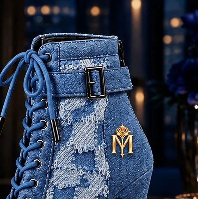 Close-up of the Denim Graphic Boot laces, eyelets and ankle buckle