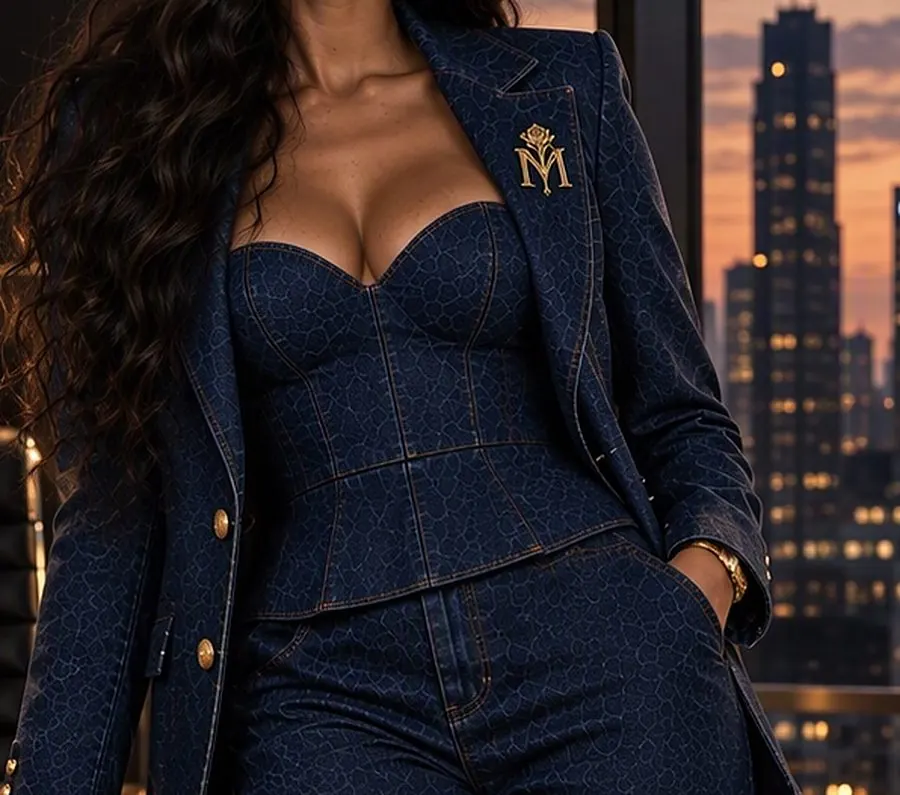Close-up of the Denim Nights blazer lapel, rose monogram and seamed corset top