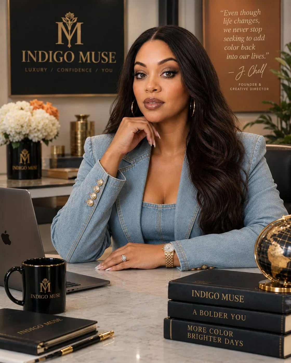 J. Chell, Founder and Creative Director of Indigo Muse, seated at a marble desk in a denim blazer