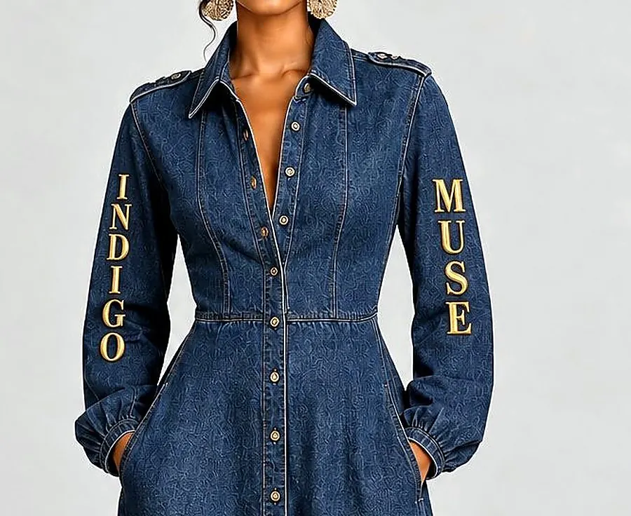 Close-up of the Denim Maxi Million Dress collar, buttons and Indigo Muse sleeve lettering